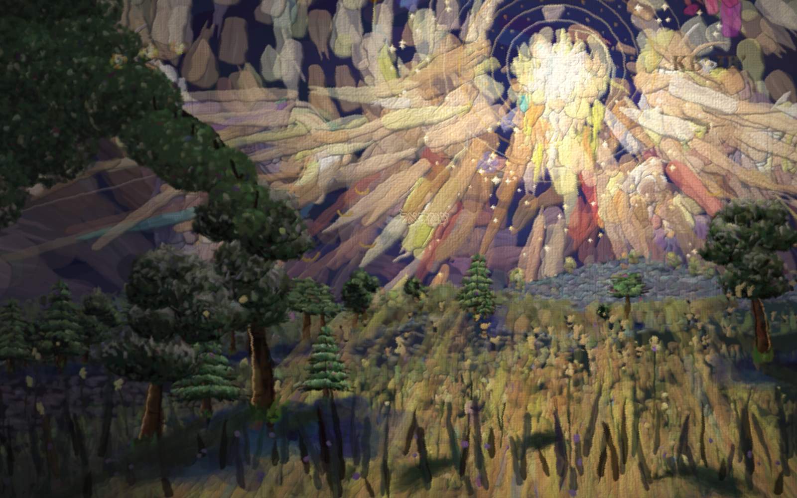 The heavens tear open near the top of the sky and a great radiant gold shaft of glory pours straight DOWN toward the earth — the King, the Light, descending in power. The cloud parts at the rift, a spectral rainbow arcs across the opening, and gold sparks rain down the falling beam. Below, on a small dark earth where the shaft lands, tiny figures including a small red child lift their arms UP toward the coming Light, and a great flock of birds rises from the land in two curved streams to meet the descending glory — caught up together to meet the Lord in the air. Behold, I come quickly.