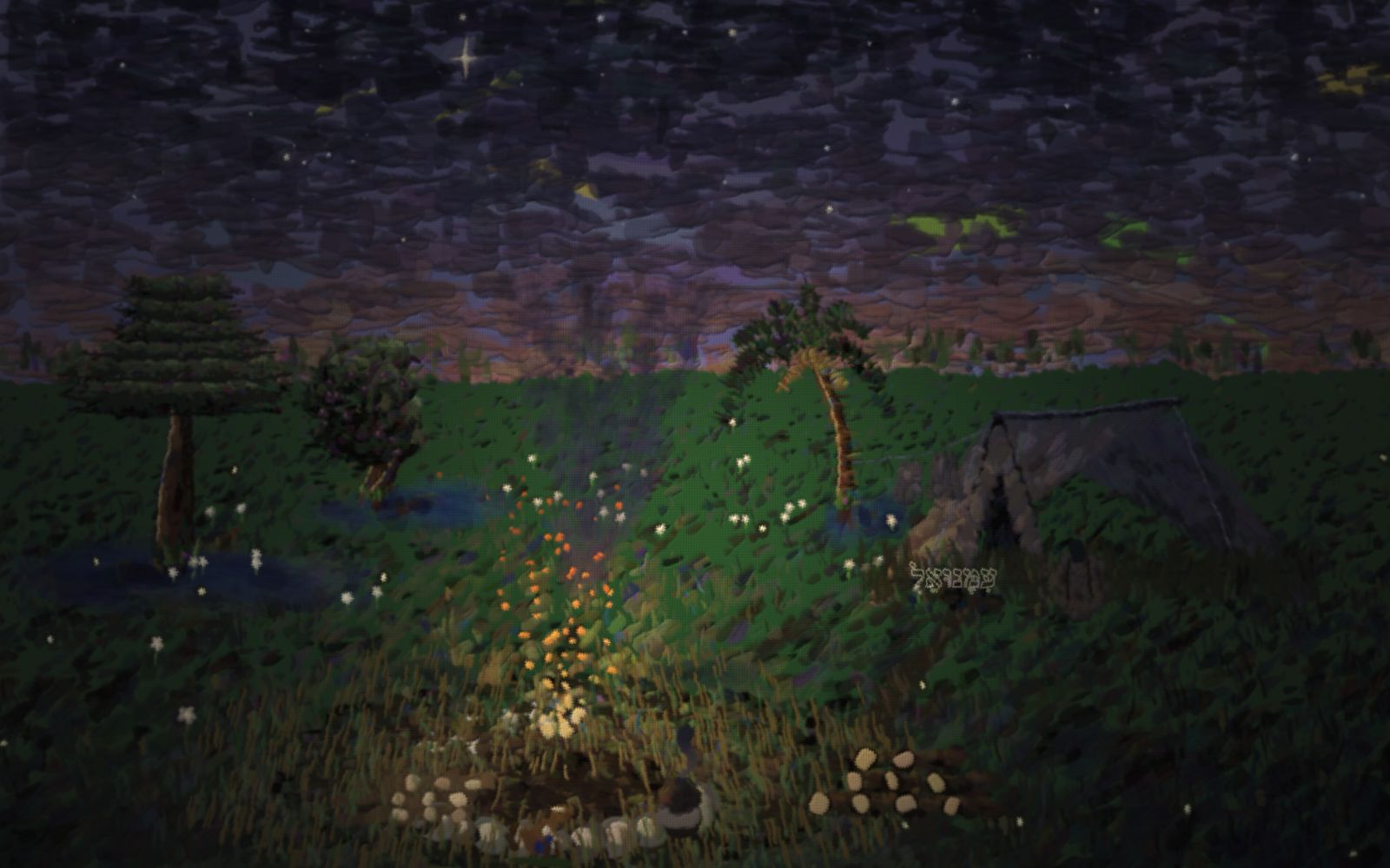 Night in a field, camped. Four children sit in a ring on the grass round a low fire, the near side of the ring left open so the fire is between us and them and there is a place for the reader. One child, seen from behind in a red hood, sits at the near edge. Across the fire a child in blue tears a loaf and holds half of it out; a child in yellow reaches for it with both hands cupped; a child in green laughs beside them. The fire is the only light: it lights every face, throws their shadows outward, and glows warm on the near side of a canvas ridge tent pitched behind them, its mouth open and dark. Split logs lie ready at the edge of the light. Beyond, the field goes dark under a deep night sky full of stars.