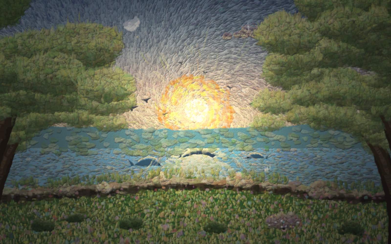 The first morning of creation: a brilliant rising light low over a great gathered sea that swirls blue-green and gold beneath it, under a radiant dawn sky of blue, rose and gold with birds rising, the pale morning moon still hanging high in the blue opposite the sun; fresh green new land bursts with the first wildflowers and jewel-coloured fruit trees along the near shore. The world, newly made, and the light that made it — and it was good. Hidden faint in the shore is the Hebrew reference for Genesis 1:3, "Let there be light."