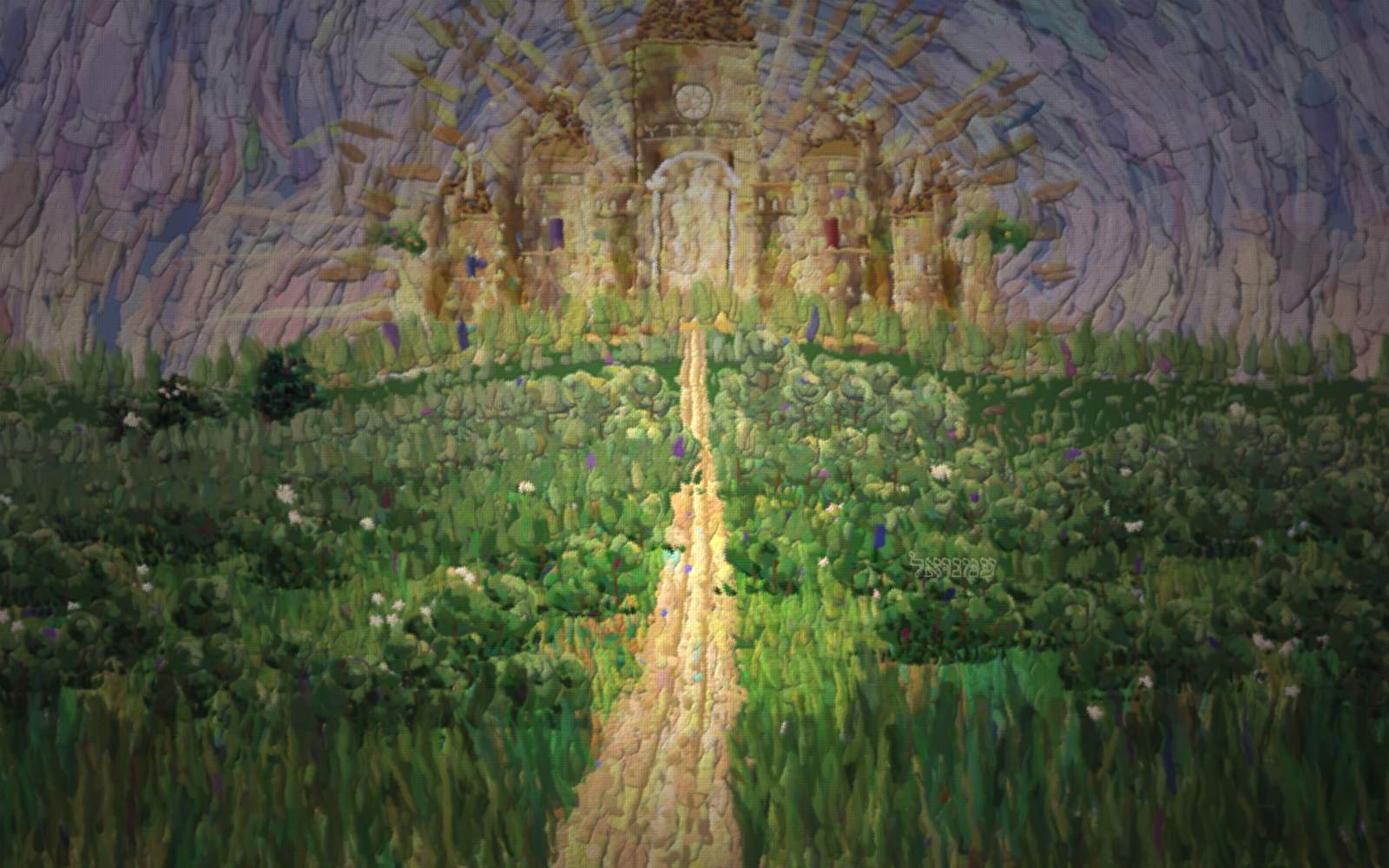 A pale path runs from the reader’s feet up a green hill to a radiant open door of gold light standing in the crest — the way home, thrown wide open, warm light spilling all the way down the path; beyond the door a whole world of colour.