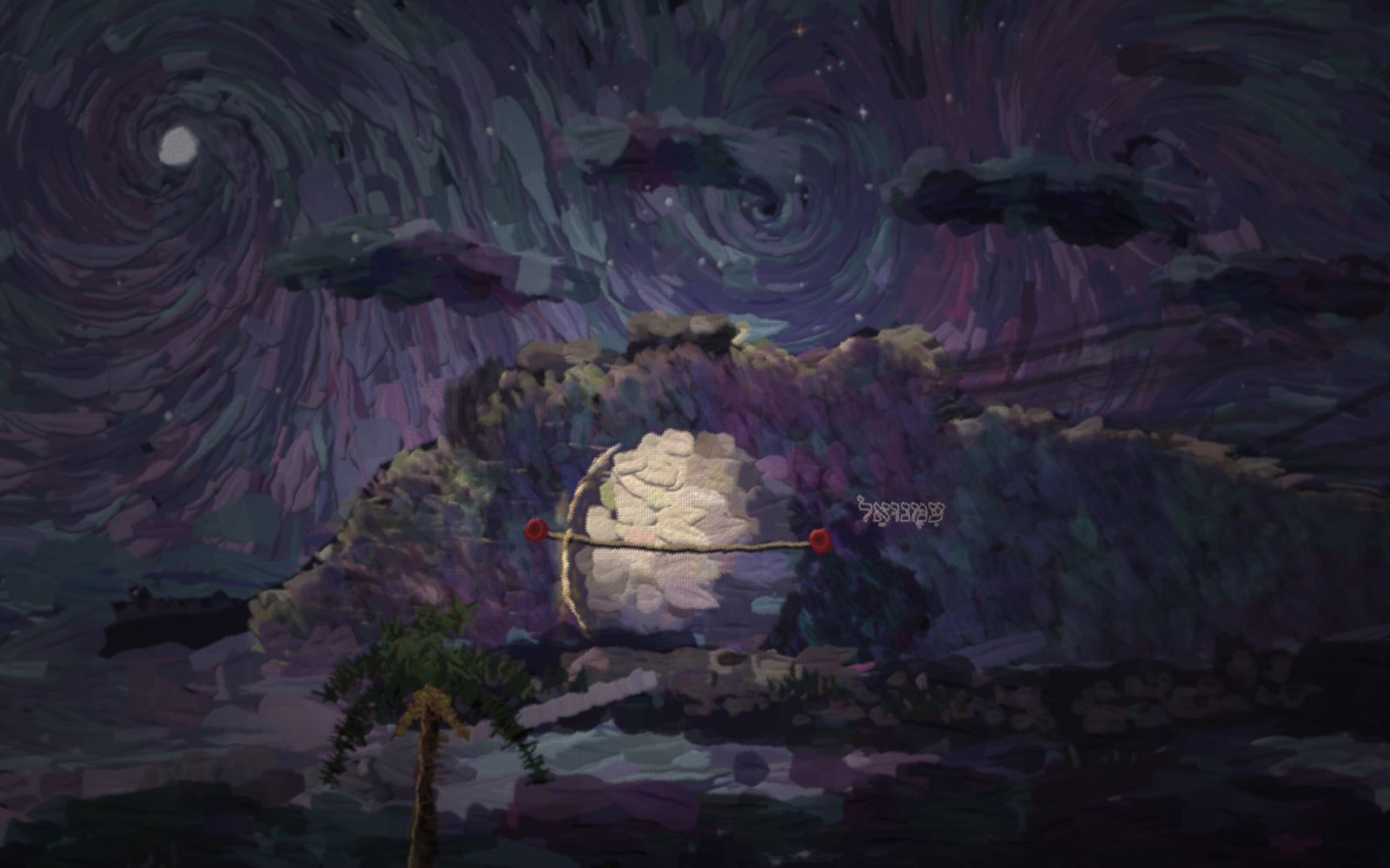 Night. On the right a mass of rock rises out of a pale sand floor; on the left the land opens into a valley with far hills stepping back under a big night sky, a small cold moon and a scatter of stars. Cut into the rock face is a tomb: a tall doorway with a rounded head, pure black inside — the one true black in the picture. A great stone stands on the sand rolled across the right half of that opening, its left shoulder pale in the moonlight, a hard shadow down its right flank and a deep shadow beneath it, and a thin line of gold light escaping down the join at its left. A cord is stretched across the stone and fixed to the rock on either side with lumps of red wax pressed with a seal — the tomb made sure. A path climbs from the valley past a date palm and ends at the stone. A second, older cut stands empty away to the right.