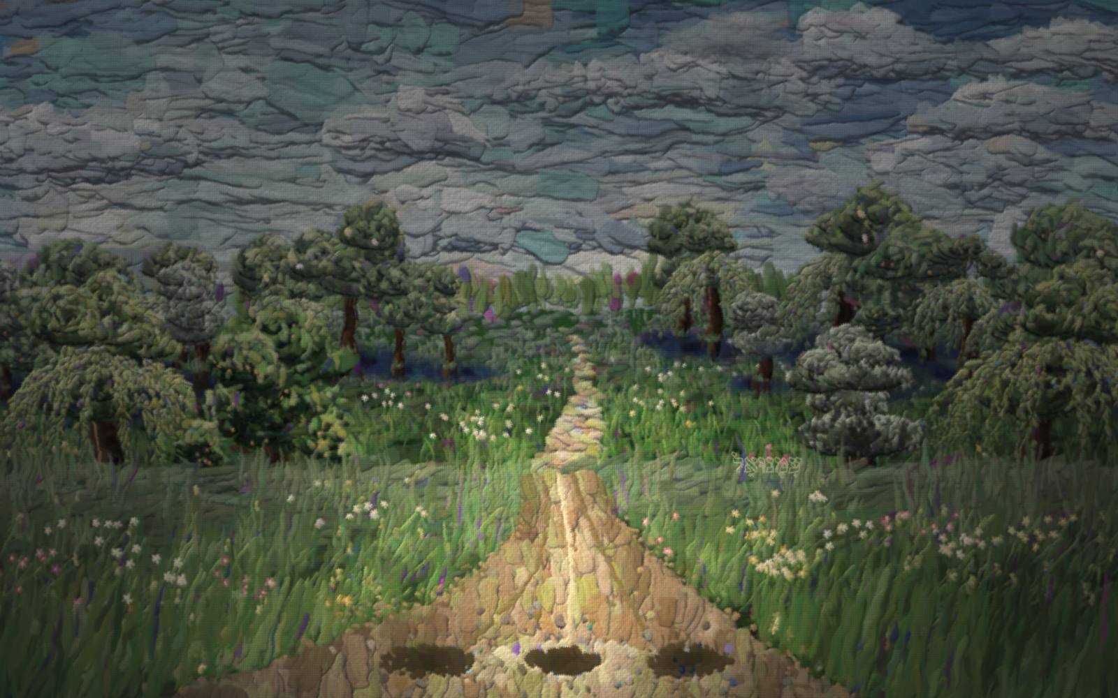 A wide green country valley under a bright sky, with trees standing along the low hills behind. The road the child has been walking comes down out of those hills toward the reader, widening as it comes, packed pale earth worn smooth along its crown. Three children are walking down it together. The middle one has skidded on the loose stone of the steep part and is going down, and the two either side have caught her by the forearms and lean back against her weight. Grass and wildflowers run away on both sides to the trees.