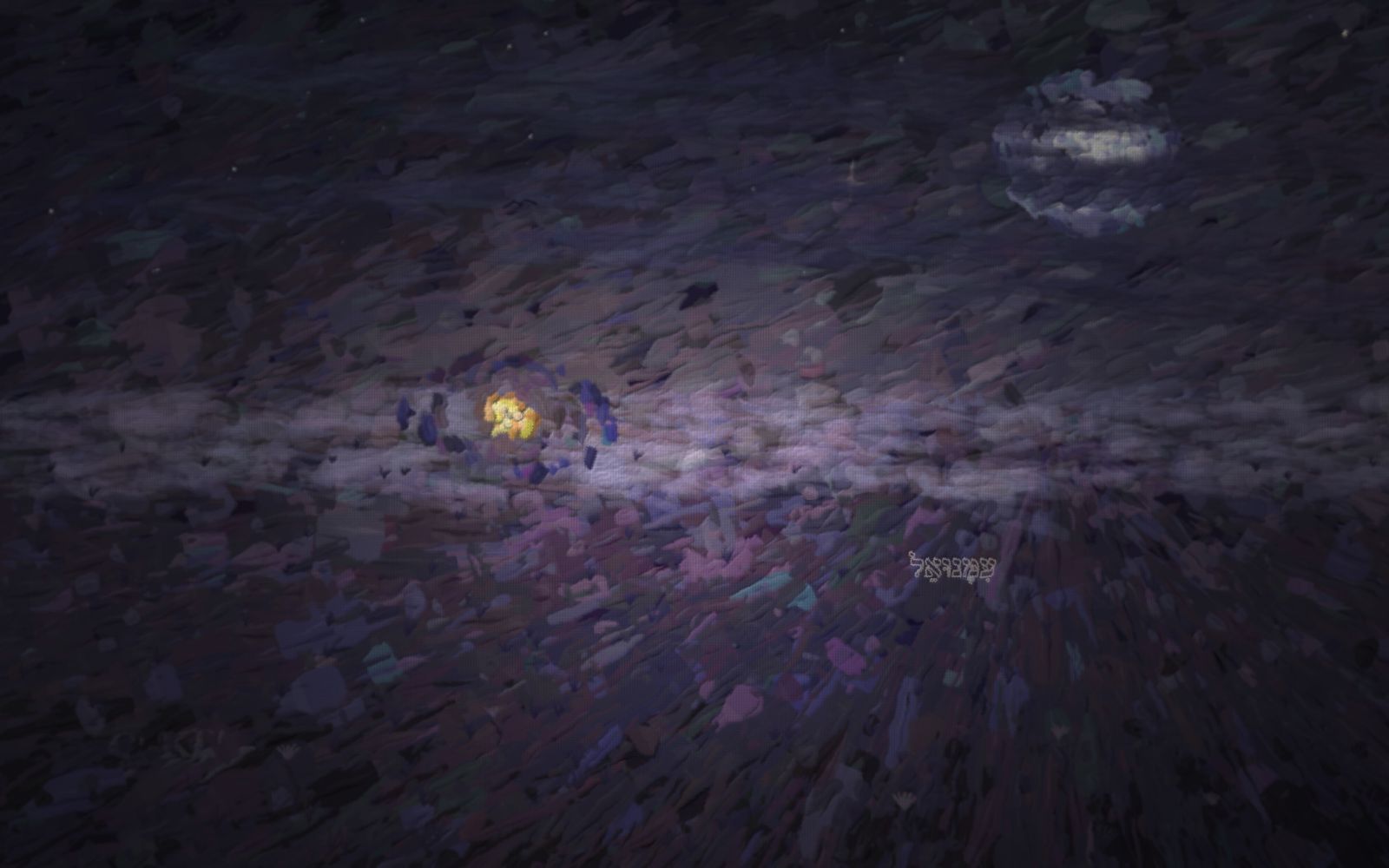 A vast cold waste under a churning cobalt and violet night. A stone road comes in from the near left, frays into loose scattered stones and stops dead; past it the ground is trackless. A tiny hooded figure stands alone far out on that empty ground, turned back the way he came, and his own footprints lead from the last stone, wander, and come round in a wide circle back to his heels — he has been walking in his own tracks. A few dead thistles stand in the waste and three far crows cross the empty sky. On the horizon behind him, very small, one warm gold glimmer burns: home, still alight, a long way off.