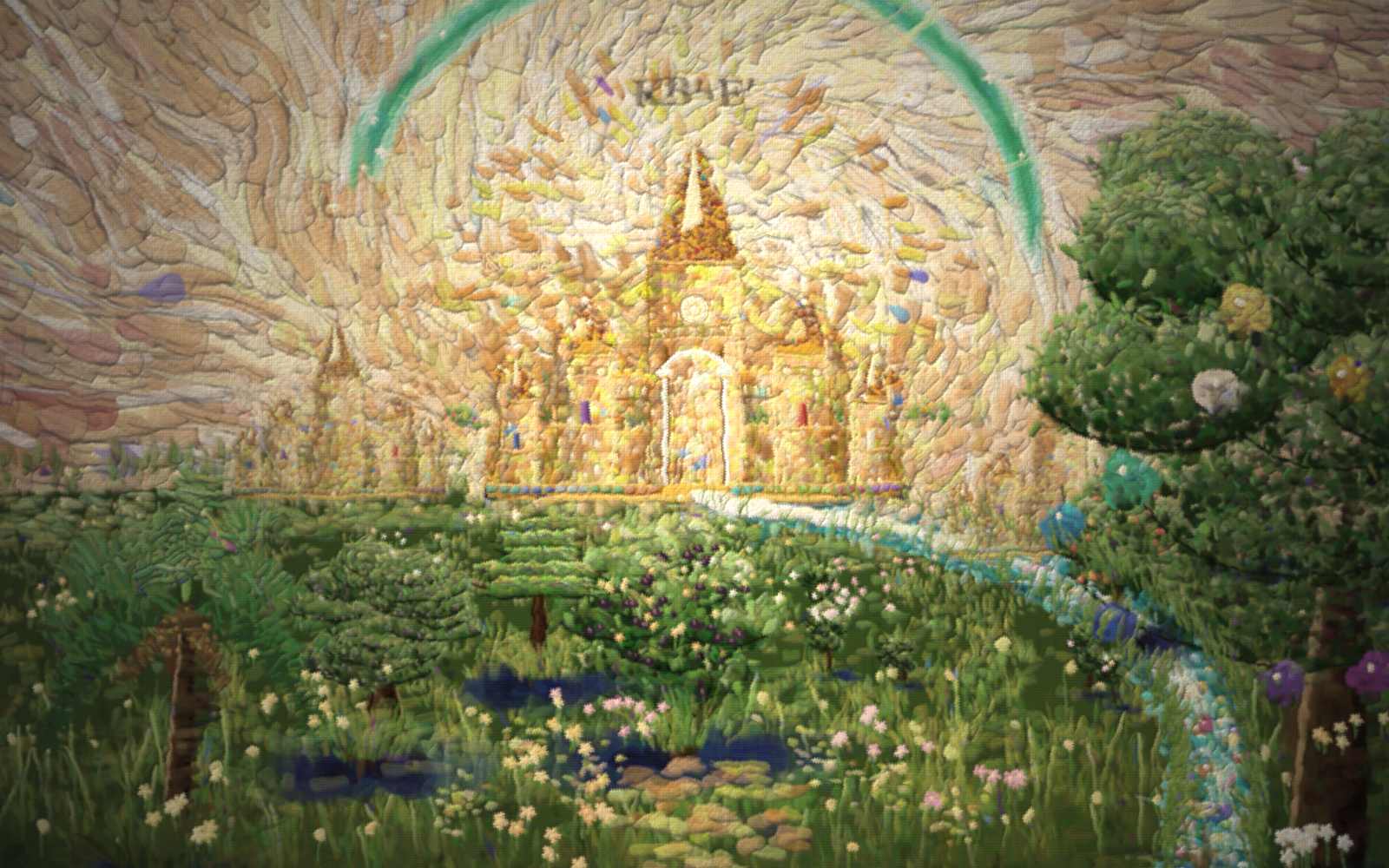 The New Jerusalem at the consummation: the Father's house grown into a radiant city of pure gold climbing a hill, many glowing homes and towers with white-hot windows, crowned by an open gate. At its heart burns the Lamb-light — a great white-and-gold radiance that fills the whole sky so there is no sun and no candle and no shadow anywhere; the one page with no dark at all — and round about it a bow of light, in sight like unto an emerald (Revelation 4:3). The foundations of the city wall are garnished with the twelve precious stones in their order, jasper to amethyst (Revelation 21:19-20), and lilies are carved on the tops of the gate pillars. A pure river of water of life, clear as crystal, proceeds out of the city from the throne: it sweeps across the far meadow and comes down to the reader as clear aqua water, the jewel stones of its bed showing through it, lined with trees of many kinds — palm, olive, fig, cedar, apple — and on its near bank stands THE TREE OF LIFE, the grandest tree of all, its emerald canopy bearing exactly twelve fruits in twelve different colours, one ring round the crown, each with a gleam of the light. Up the banks the redeemed walk in the light with their faces lifted, and among them one small red child — you — home at last, arms flung up to the glory. And there shall be no night there.