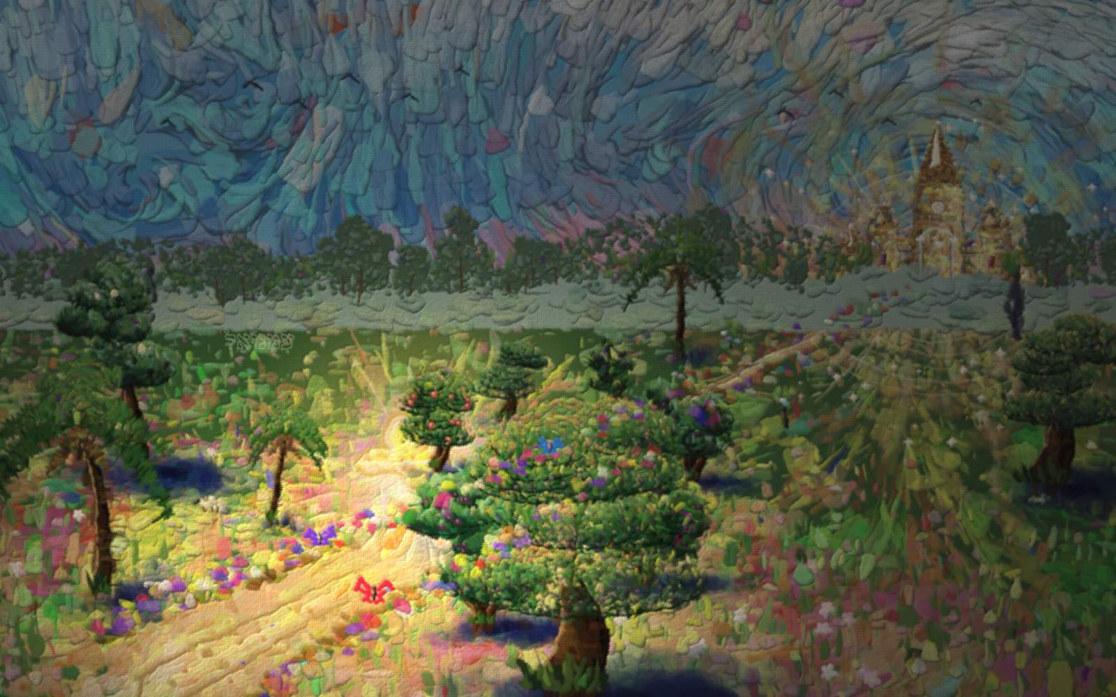 A churning gold wheat field under a turbulent blue-green sky; a pale road cuts a diagonal; a small figure has taken three steps in, while from the far house the father, already past halfway, runs with dust flying.