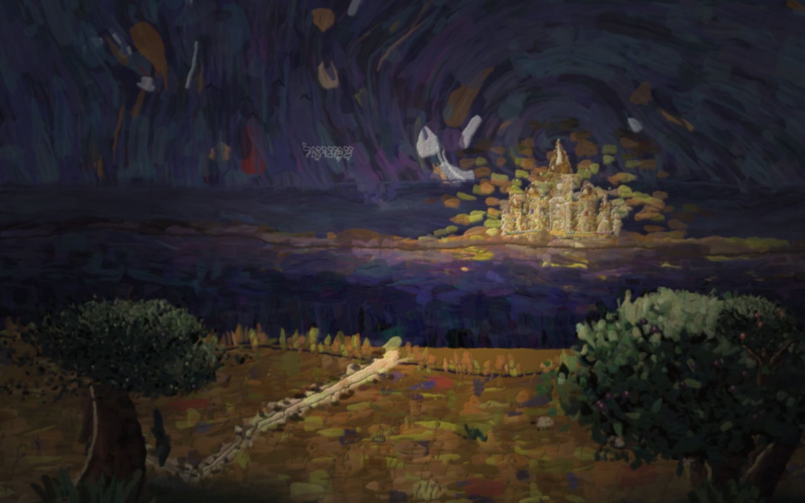 Wheat hills at dusk under a rising spiral sky; a road climbs from the far country, over a rise and through a hollow, and ends at the near rim of a huge valley — a great gulf plunging into deep blue. A small child in red stands at the brink, reaching toward a warm gold home that glows on the far rim, across the gulf, too far to reach on foot. The road home has run out; only a bridge from the other side can cross.