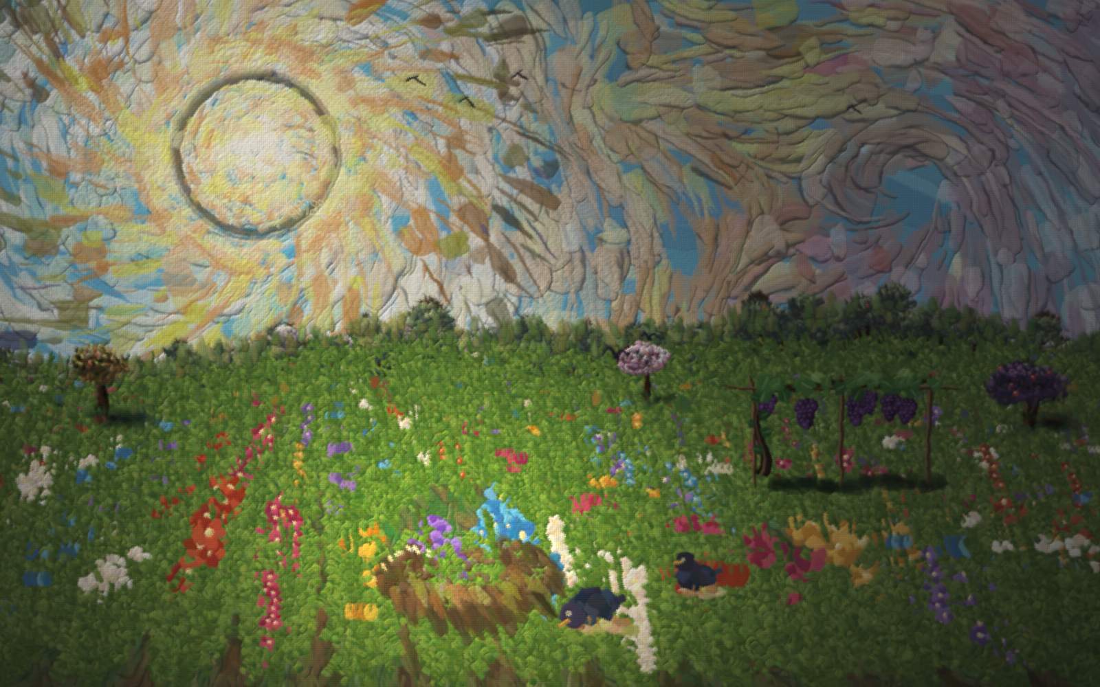 Under a swirling golden morning sun, a small child in deep red kneels sowing on a furrowed field; rows of young green shoots lean toward the light, and one gray rock sits in a row with nothing growing from it.
