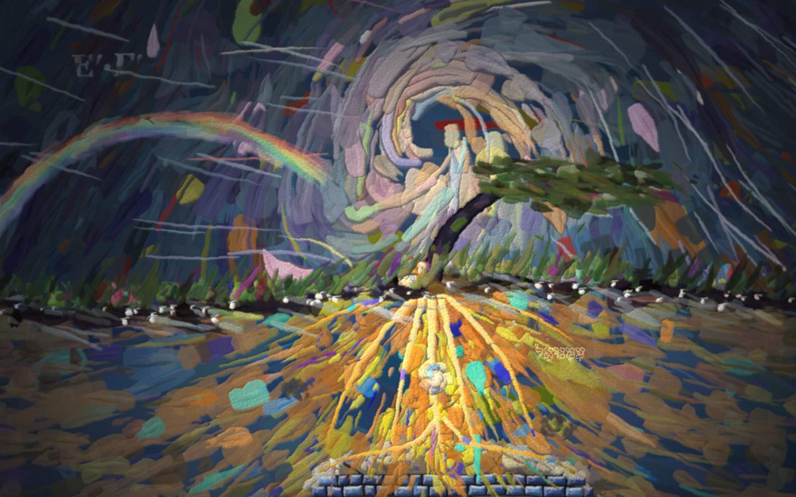 A churning storm bends a young tree hard to one side while a small child in deep red shelters at its trunk; below the soil in cutaway, the tree’s roots glow warm gold, reaching deeper than the tree stands tall.