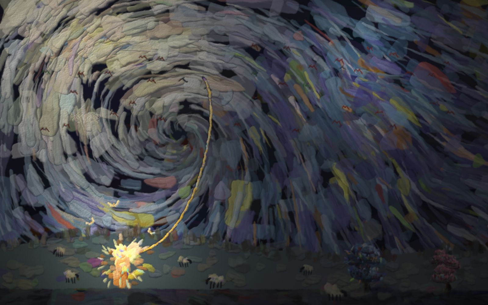 A churning daytime sky over a low hill; a small red child is carried far up into the wind like a balloon, tied to one unbroken string that arcs down to a radiant golden hand reaching from below — the Light holding the string fast, never letting go.