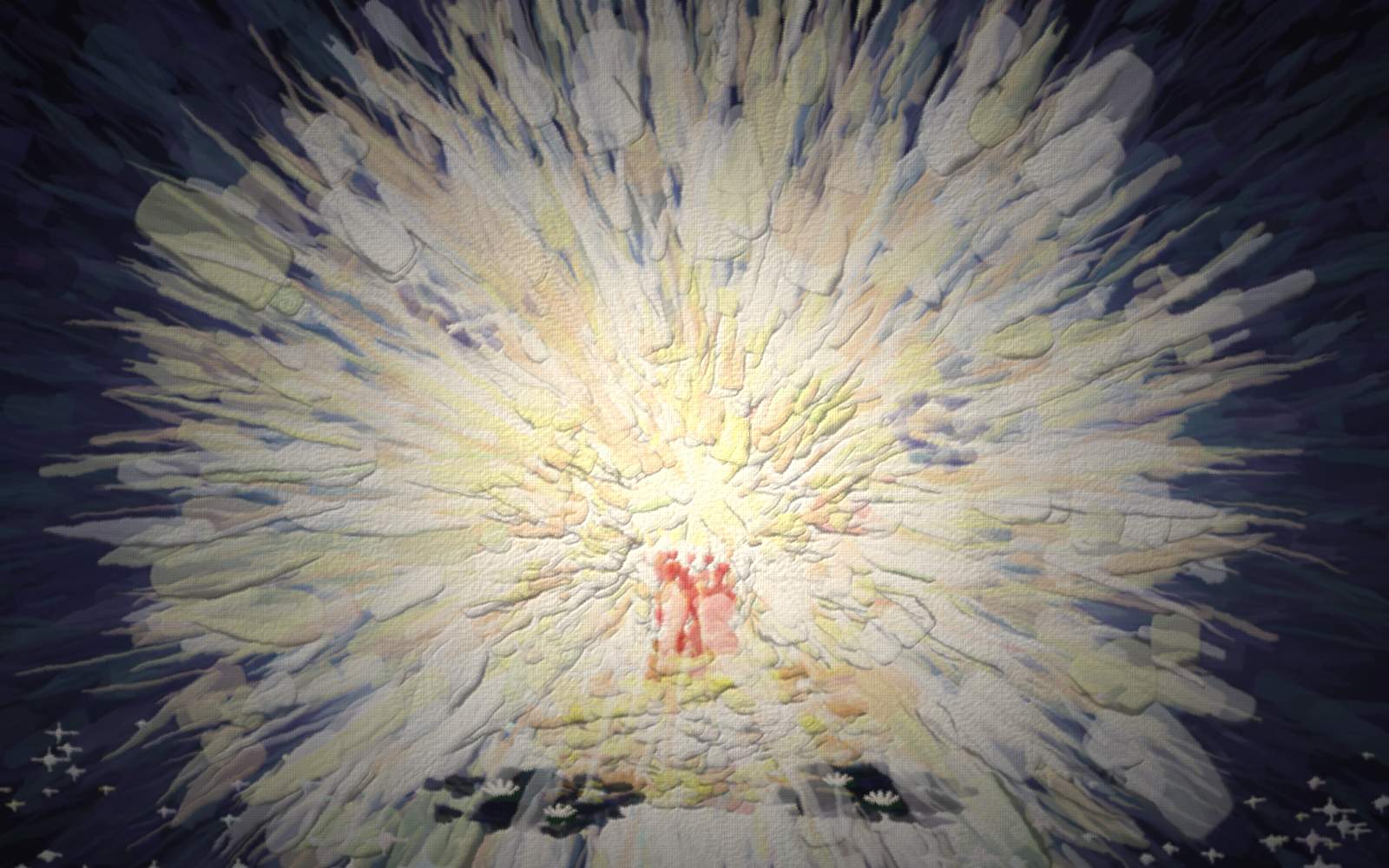 A small child stands beneath a dense vertical waterfall of brilliant white-gold light pouring straight down from above, glowing hard against a deep blue-violet surround. A clean radiant white robe of light overtakes the child from the head down, while the old scarlet rinses away below — vivid red threads paling to white as they run into a bright pool of light at the feet. Two white doves fly in toward the fall against the deep blue surround, their wings silver and their breasts a soft green-gold, and white water-lilies bloom on the dark still water at the bright pool's edges. High contrast, dynamic, downward-streaming brushwork. Hidden in the fall are faint six-armed snow stars — "white as snow".