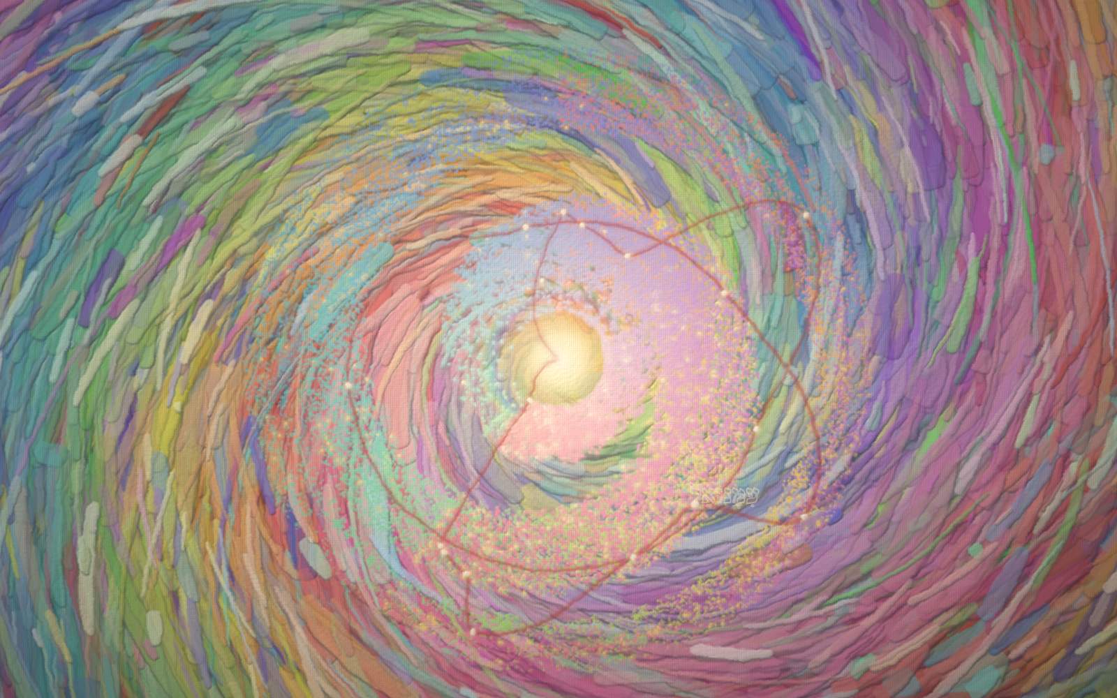 The entire Bible as one body of light: 31,102 verses as glowing motes wheeling around a radiant centre, threaded by a single scarlet curve of redemption.